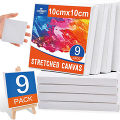 STATIONERY ISLAND 9Pcs Canvas and Easel Set, 10x10cm Art Canvas for Painting 100% Cotton Acid Free Professional Art Canvases for Acrylic Paint, Oil Paint & Mixed Media(3.93“ X 3.93”)