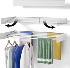 Mylindde Wall Mounted Drying Rack, Foldable Wall Mount Laundry, Retractable Drying Rack, Clothes Drying Rack for Indoor & Outdoor Organization, 100% Aluminum Rods, 5 Rods (White)