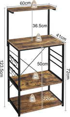 Kitchen Bakers Rack, Coffee Bar Table 4 Tiers, Microwave Stand with 6 S-shaped Hooks, Kitchen Storage Shelf Rack for Spices, Pots and Pans, no wheels