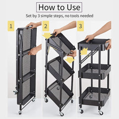 3 Tiers Foldable Storage Trolley Cart Kitchen utility carts Foldable Rolling Carts Trolley with Locking Wheels for Kitchen Multi-purpose Shelving Organizer (black)