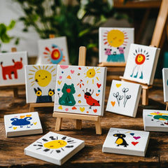 STATIONERY ISLAND 9Pcs Canvas and Easel Set, 10x10cm Art Canvas for Painting 100% Cotton Acid Free Professional Art Canvases for Acrylic Paint, Oil Paint & Mixed Media(3.93“ X 3.93”)