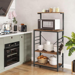 Kitchen Bakers Rack, Coffee Bar Table 4 Tiers, Microwave Stand with 6 S-shaped Hooks, Kitchen Storage Shelf Rack for Spices, Pots and Pans, no wheels