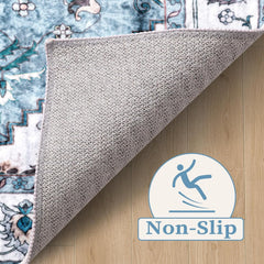 Area Rugs Boho Rug, Vintage Blue Washable Area Rugs Non Slip, Ultra Soft Print Distressed Entry Rug Low-Pile Throw Rug Carpet for Nursery Dorm Kitchen Living Room Decor -Vintage Blue, 120 x 160 cm