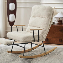 Modern White Rocking Chair – Plush Upholstery, Ergonomic High Backrest, Sturdy Metal Frame with Wooden Rocker Base – Cozy Lounge Chair for Living Room, Bedroom & Nursery