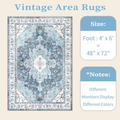 Area Rugs Boho Rug, Vintage Blue Washable Area Rugs Non Slip, Ultra Soft Print Distressed Entry Rug Low-Pile Throw Rug Carpet for Nursery Dorm Kitchen Living Room Decor -Vintage Blue, 120 x 160 cm