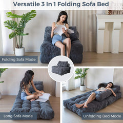 Portable Folding Sofa Bed, Convertible Sleeper Chair with Pillow & Back-Supported Foldable Mattress, Comfy Floor Lounge for Living Room/Bedroom, Dark Grey (Single)