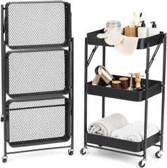3 Tiers Foldable Storage Trolley Cart Kitchen utility carts Foldable Rolling Carts Trolley with Locking Wheels for Kitchen Multi-purpose Shelving Organizer (black)