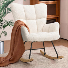 Modern Off White Rocking Chair – Soft Boucle Fabric, Ergonomic Backrest, Sturdy Metal Frame & Wooden Rocker Base – Cozy Lounge Chair for Living Room, Bedroom & Nursery