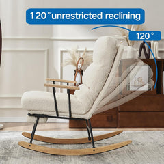Modern White Rocking Chair – Plush Upholstery, Ergonomic High Backrest, Sturdy Metal Frame with Wooden Rocker Base – Cozy Lounge Chair for Living Room, Bedroom & Nursery