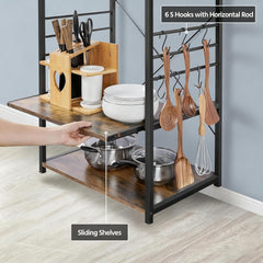 Kitchen Bakers Rack, Coffee Bar Table 4 Tiers, Microwave Stand with 6 S-shaped Hooks, Kitchen Storage Shelf Rack for Spices, Pots and Pans, no wheels