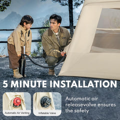 Inflatable Tents for Camping, Blow Up Tent with Hand Pump, 3-4 Person Air Glamping Tent with Canopy, Easy Setup 4 Season Waterproof Windproof Outdoor Glamping House（Brown）