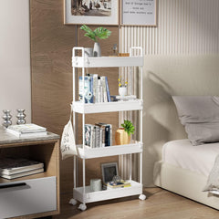 4-Tier Slim Storage Cart, Bathroom Organizer Mobile Shelving Unit, Rolling Utility Cart Slide Out Organizer for Kitchen, Bathroom, Laundry, Narrow Places (white)