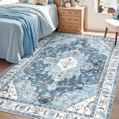 Area Rugs Boho Rug, Vintage Blue Washable Area Rugs Non Slip, Ultra Soft Print Distressed Entry Rug Low-Pile Throw Rug Carpet for Nursery Dorm Kitchen Living Room Decor -Vintage Blue, 120 x 160 cm