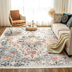 Dorany Area Rugs Washable Non-Slip, Floral Vintage Distress Print Pattern Medallion Carpet for Living Room Bedroom Dining Room, Beige Navy Blue Orange Colorful (180 * 280CM)